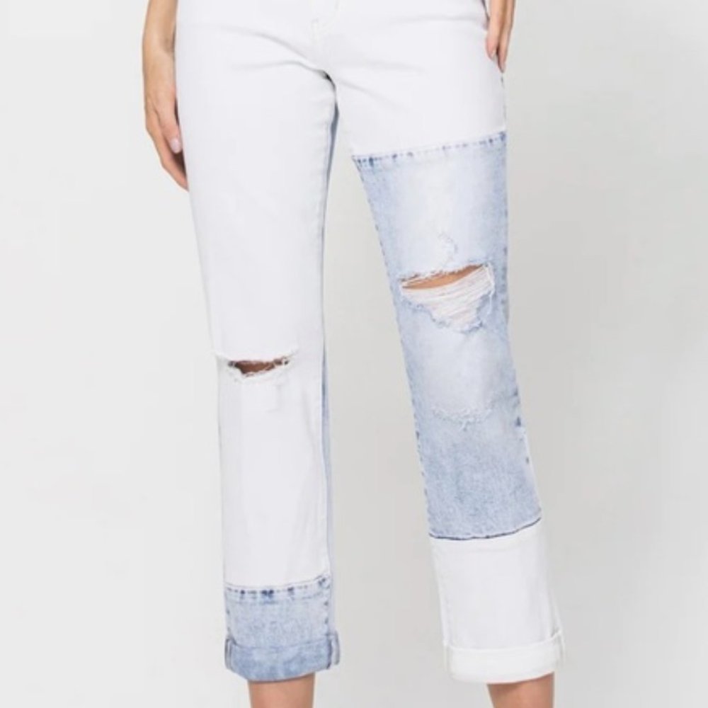 Flying Monkey White boyfriend Color Block Stretch Jean